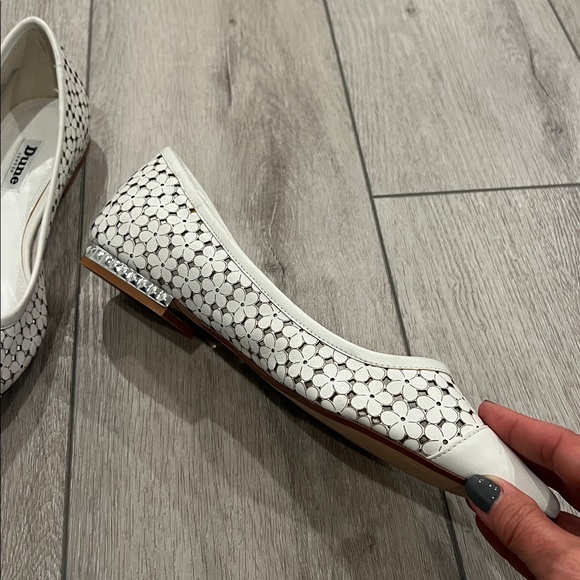 Dune London white leather laser cut pointy toe embellished heel slip on flats 9 - Picture 9 of 13